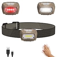 EverBrite Rechargeable Headlamp, LED Bright Motion Sensor Head Lamp Flashlight with 6 Modes, Adjustable Headlight for Adults Kids with White Red Light, Waterproof, Khaki, for Hiking, Running, Camping