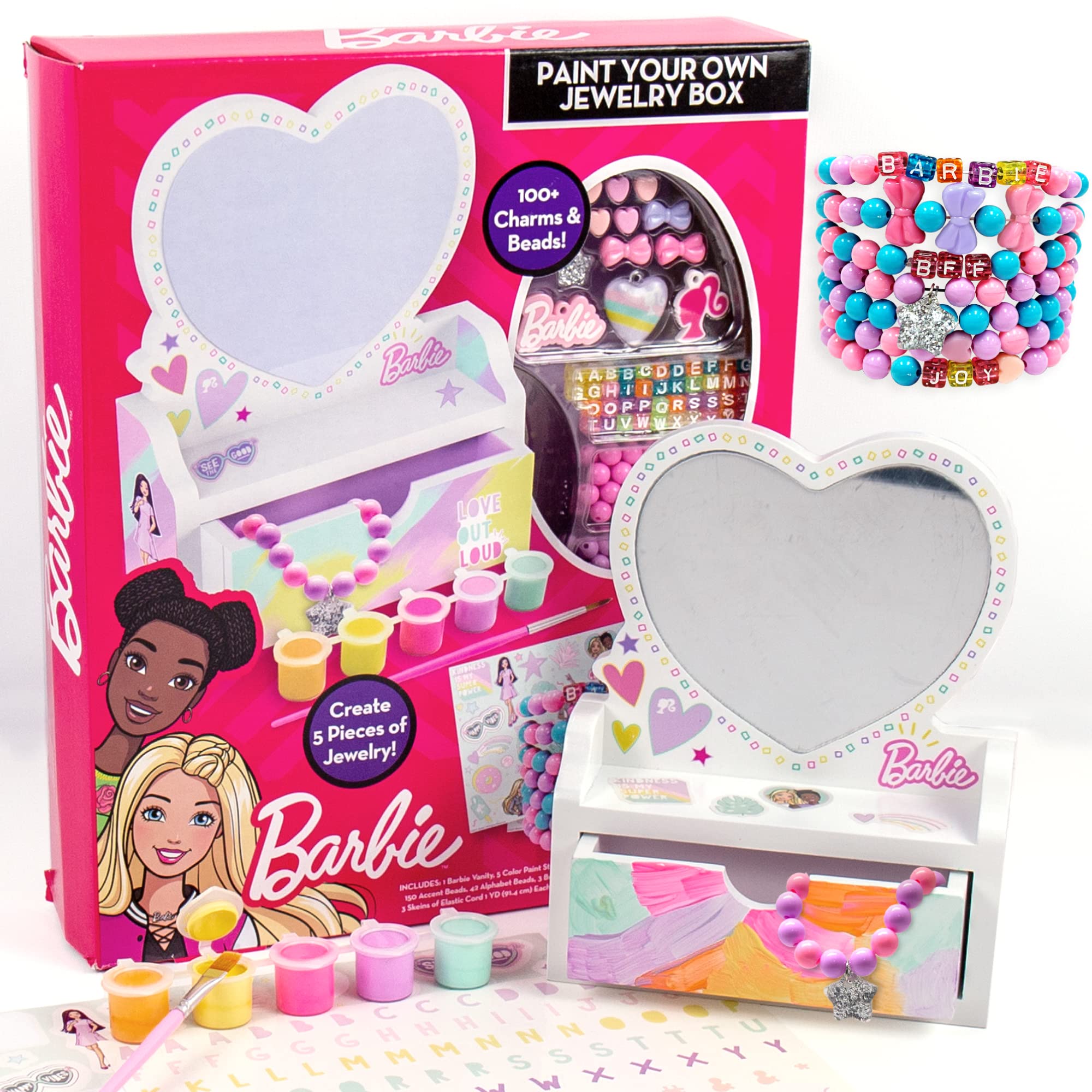 Barbie Paint Your Own Jewelry Box, Customize A Heart-Shaped Vanity & Jewelry Box with Acrylic Paints, Create 5 Pieces of Jewelry, 100+ Charms & Beads, Bead Kit for Kids Ages 5, 6, 7, 8