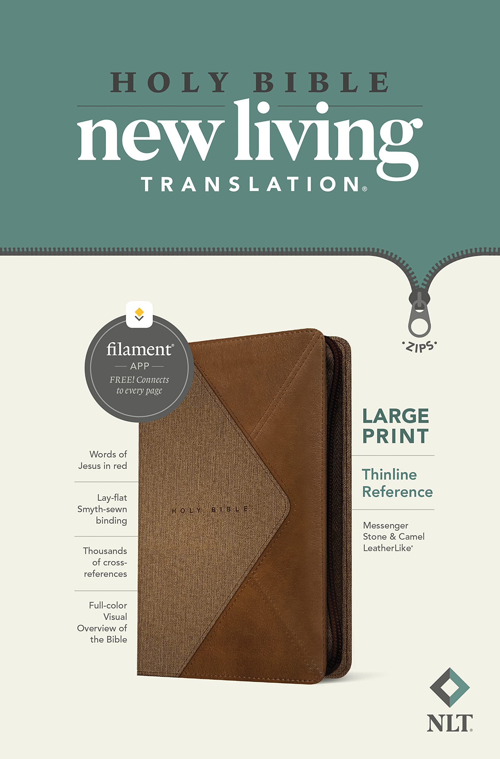 NLT Large Print Thinline Reference Zipper Bible, Filament-Enabled Edition (Red Letter, LeatherLike, Messenger Stone & Camel )
