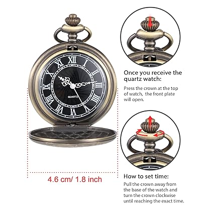 Hicarer Quartz Pocket Watch for Men with Black Dial and Chain Vintage Roman Numerals Christmas Gifts Birthday