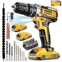 21V Cordless Drill Set, Power Drill 59Pcs with 3/8 Inch Keyless Chuck, 25 3 Clutch Electric Drill with Work Light, Max torque 45Nm, 2-Variable Speed & 2 Batteries and Fast Charger
