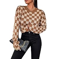 GORGLITTER Sweaters for Women Checkered Long Sleeve Crewneck Pullover Jumper Tops