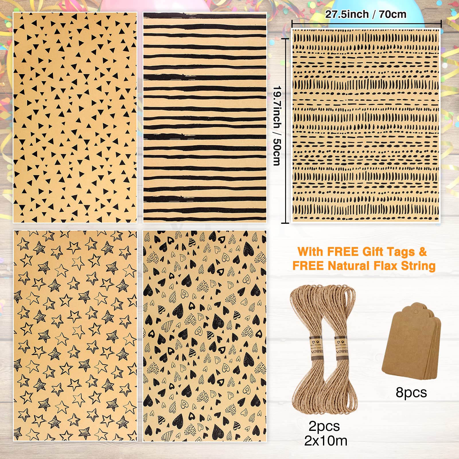 Wrapping Paper Sheets-Gift Wrapping Paper Set with FREE Tags & String-Brown Kraft Wrapping Paper Birthday Gift Wrap for Present Wrapping Paper-Birthday Paper Birthday Wrap for Women Girl Men Boys Kids