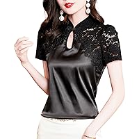 Lace Patchwork Tops for Women, Elegant Cheongsam Stand Collar Short Sleeve Sexy Hollow Out Blouses Ladies Fashion Work Shirts