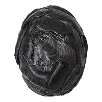 Toupee for Men, Human Hair Replacement System Pieces, Lace Front Poly Skin Perimeter Black Hair Unit #1B 6x8