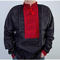 Handmade Black Vyshyvanka Mens Linen Shirt Red Embroidered 4XL Easter Gift