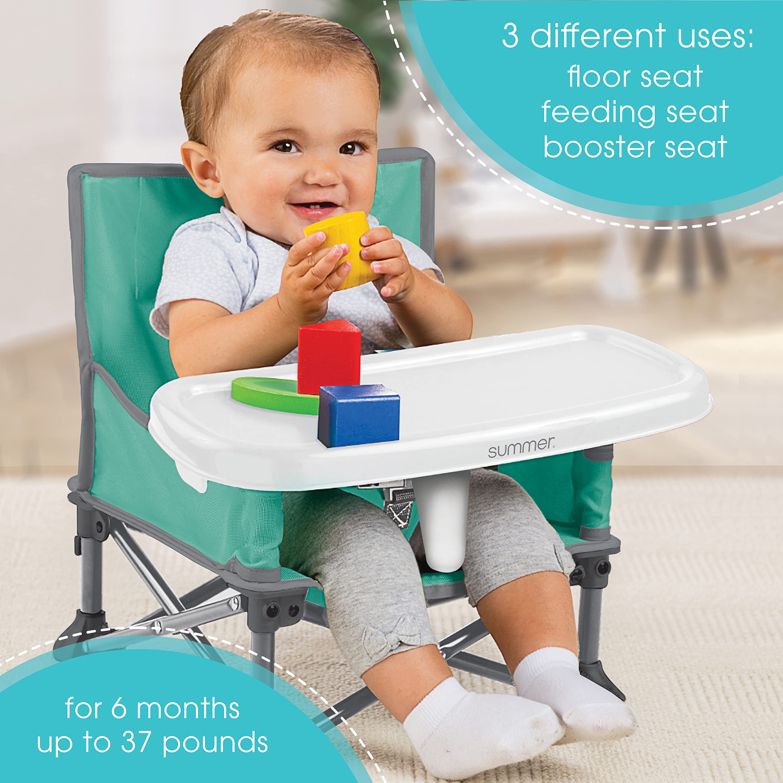 Summer Pop ‘N Sit Portable Booster Chair, Teal & Gray - Booster Seat for Indoor/Outdoor Use - Fast, Easy and Compact Fold