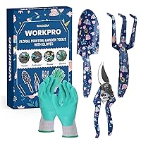 WORKPRO Aluminum Garden Tool Set, 4PCS Heavy Duty Hand Garden Tools with Box Include Trowel, Rake, Pruner, Garden Gloves, Floral and Insect Printing, Garden Gifts