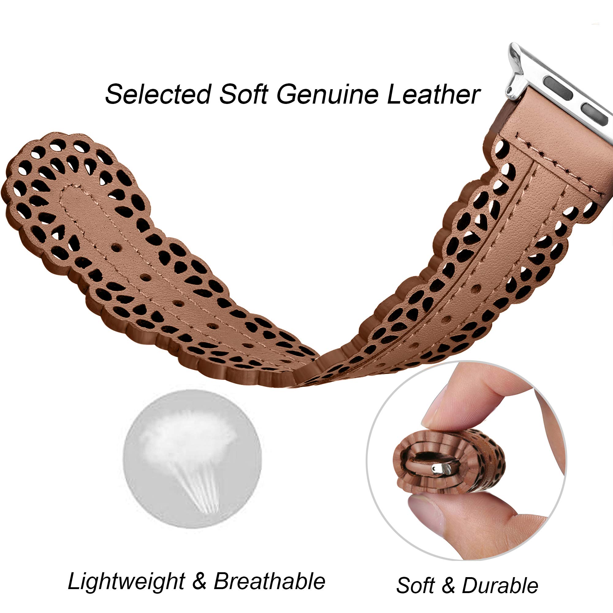 Secbolt Leather Bands Compatible with Apple Watch Band 38mm 40mm 41mm 42mm 44mm 45mm iWatch Series 8 7 SE 6 5 4 3 2 1, Breathable Chic Lace Leather Strap for Women