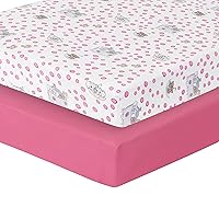 Precious Moments Noah’s Ark Fitted Crib Sheet 2 Pack for Baby Girl by Everyday Kids; 1 Animals on the Ark Printed Crib Sheet and 1 Solid Bright Pink; Adorable Wildlife Elephants, Giraffes, Bears Print