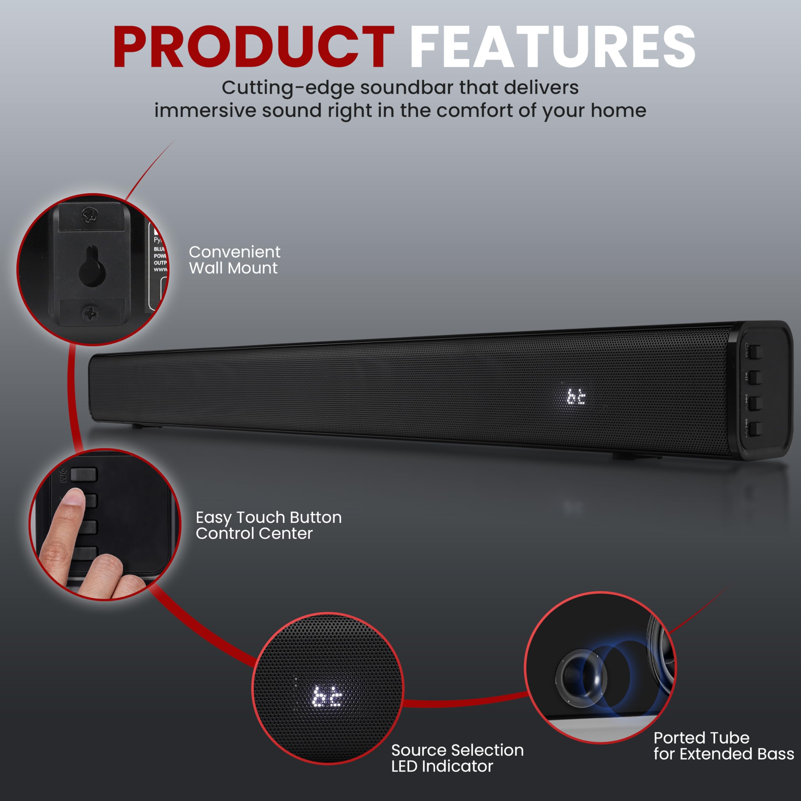 Pyle Home Theater Soundbar Speaker - Wave Base Streaming Tabletop Stand Mount TV Digital System with AUX/Digital Optical Audio Connector Jacks/USB Port, HDMI /ARC, Full Sound Reproduction