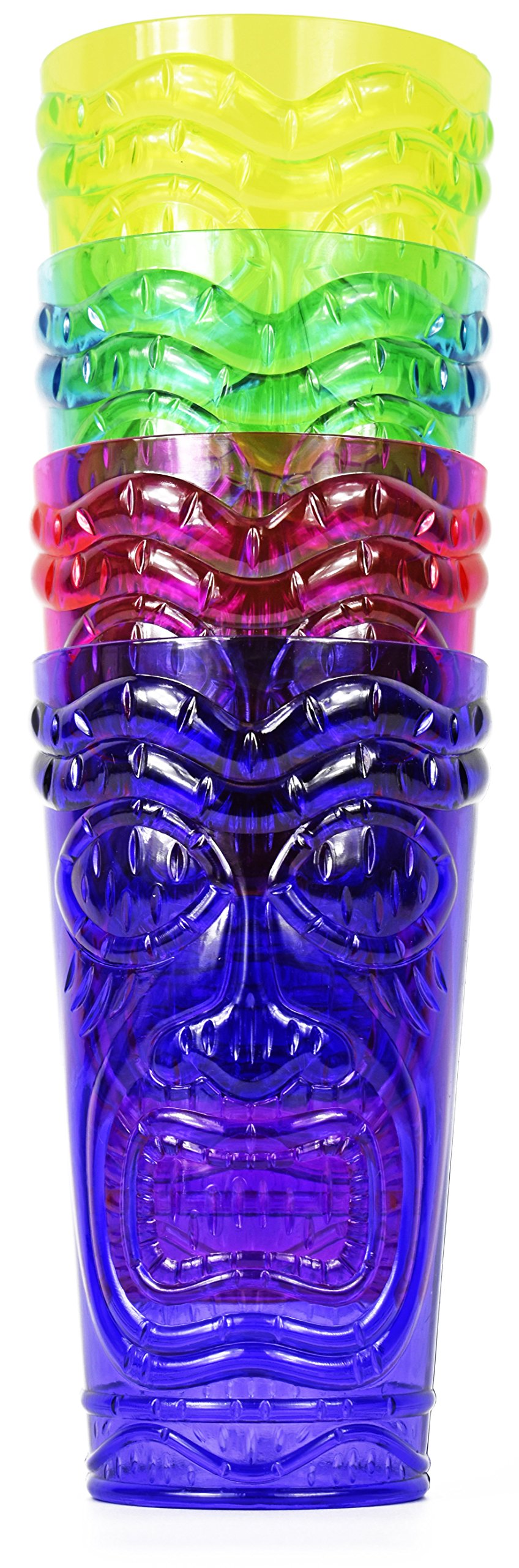 Set of 24 Party Tiki Cups! BPA Free 18 Ounce Tumbler Drinkware Set Luau Shape! 4 Bright Colors! Tiki Mugs! Reusable Plastic Party Cups!