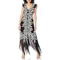BCBGMAXAZRIA Women's Fit and Flare Evening Gown with Flutter Sleeve and Ruffles