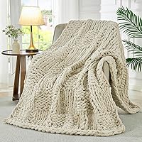 Ivellow Chunky Knit Blanket Throw, 100% Hand Knit Throw Blanket for for Couch Bed Sofa, Fluffy Soft Cozy Chenille Knitted Throw Blankets Home Decor,Gift Ivory 50”x60”
