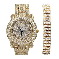 Hip Hop Rapper Men's Tennis Bracelet with Matching Iced Out Gold Round Luxury Bling Watch - L0504B 3TG, gold, Bracelet