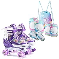 SULIFEEL Adjustable Roller Skates for Girls with Rainbow Unicorn Knee Pads Color Purple
