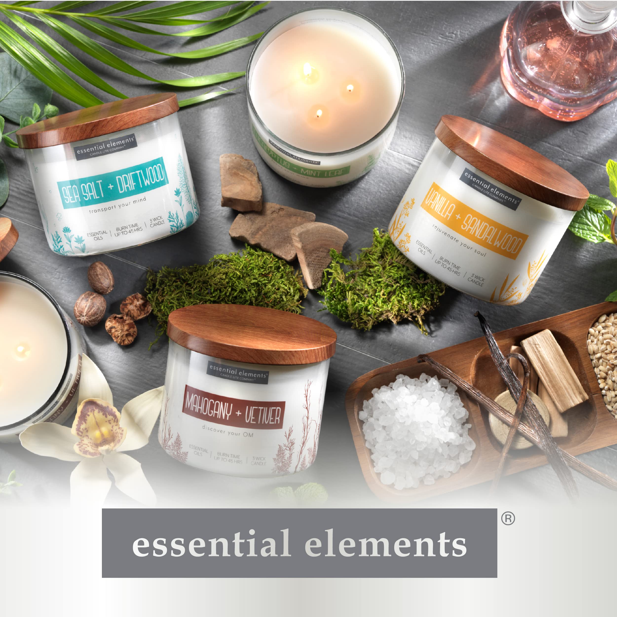 Essential Elements by Candle-lite Scented Candles, Vanilla & Sandalwood Fragrance, One 14.75 oz. Three-Wick Aromatherapy Candle with 45 Hours of Burn Time, Off-White Color