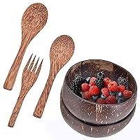Premium Natural Thai Polished Coconut Wooden Bowl And Spoon Set, Hand Carved Wood Spoons, Perfect Eco-Friendly Gifts for Vegan, Buddha Bowls, Acai Smoothie Drinking Cups - Set of 2