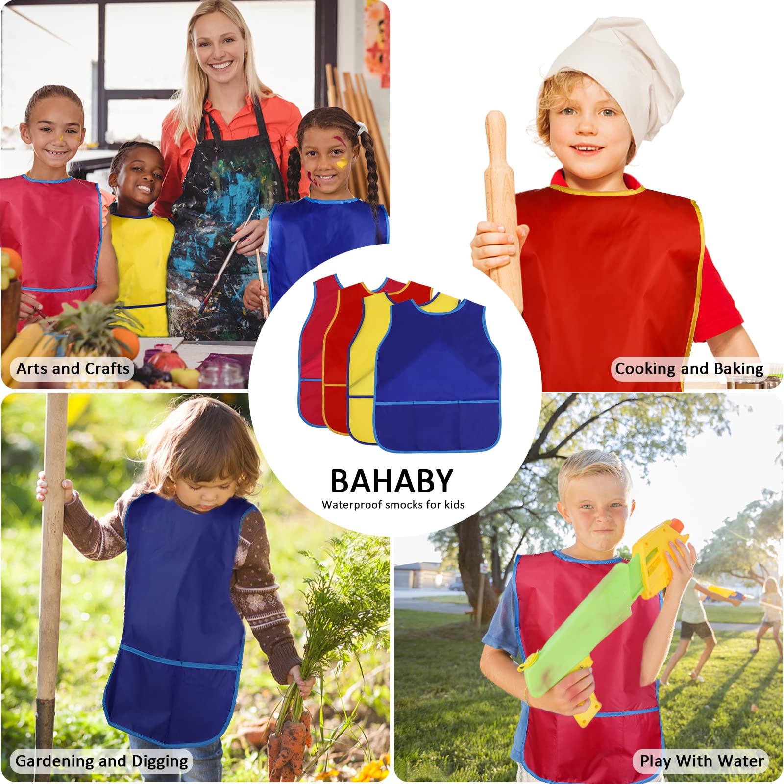 BAHABY 4 Pieces Kids Art Smock Kids Apron Waterproof Painting Aprons with Pockets Art Smocks for Kids 3-8 Years, 4 Colors