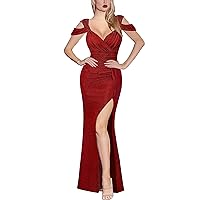 VFSHOW Womens Sexy Deep V Neck Ruched High Slit Formal Prom Maxi Dress 2023 Cold Shoulder Special Occasion Evening Long Gown