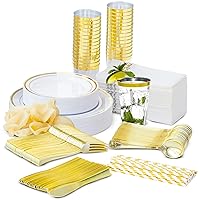 240 Pcs White and Gold Plastic Dinnerware Set, Disposable Party Plates and Cups and Napkins Sets, Wedding Fancy Gold Plates & Party Supplies,Platos Para Fiestas Elegantes Desechables,30 Guests