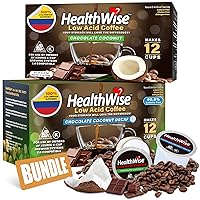 HealthWise Chocolate Coconut Regular & Chocolate Coconut Decaf Low Acid Coffee K-Cups - Swiss Water Processed, Gentle on Stomachs, Easy on Digestion, Low Acid Coffee, Medium Roasted Coffee - Bundle