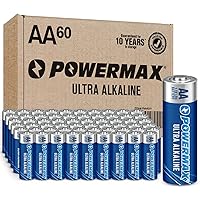 Powermax 60-Count AA Batteries, Ultra Long Lasting Alkaline Battery, 10-Year Shelf Life, Reclosable Packaging