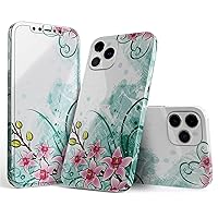 Full Body Skin Decal Wrap Kit Compatible with iPhone 14 Pro Max (Screen Trim & Back Skin) - Pink & Green Watercolor Floral