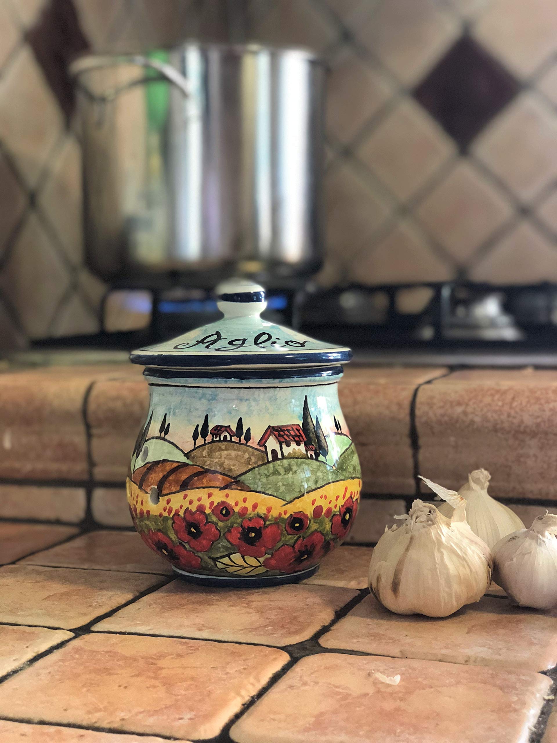 CERAMICHE D'ARTE PARRINI- Italian Ceramic Garlic Brings Jar Holder Hand Painted Made in ITALY Decorated Poppies Landscape Tuscan Art Pottery