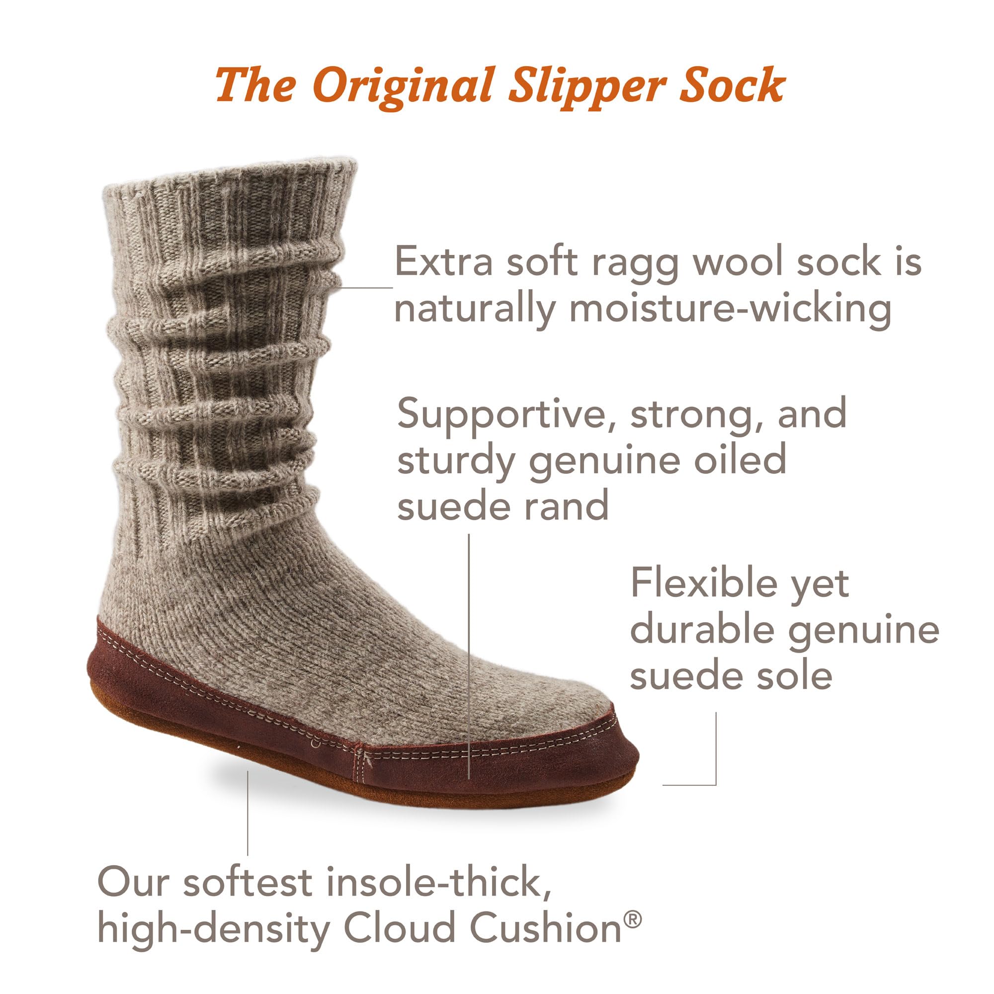 Acorn Original Men's and Women's Slipper Sock with Cloud-Like Feel, Soft and Moisture Wicking Crew Length, Genuine Suede Sole