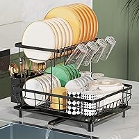 2 Tier Dish Drying Rack Multifunctional Dish Rack for Kitchen Counter, Stainless Steel Large Capacity Dish Drainer with Drainboard, Utensil Holder, Cup Holder for Dishes, Knives, Spoons, Forks, Black