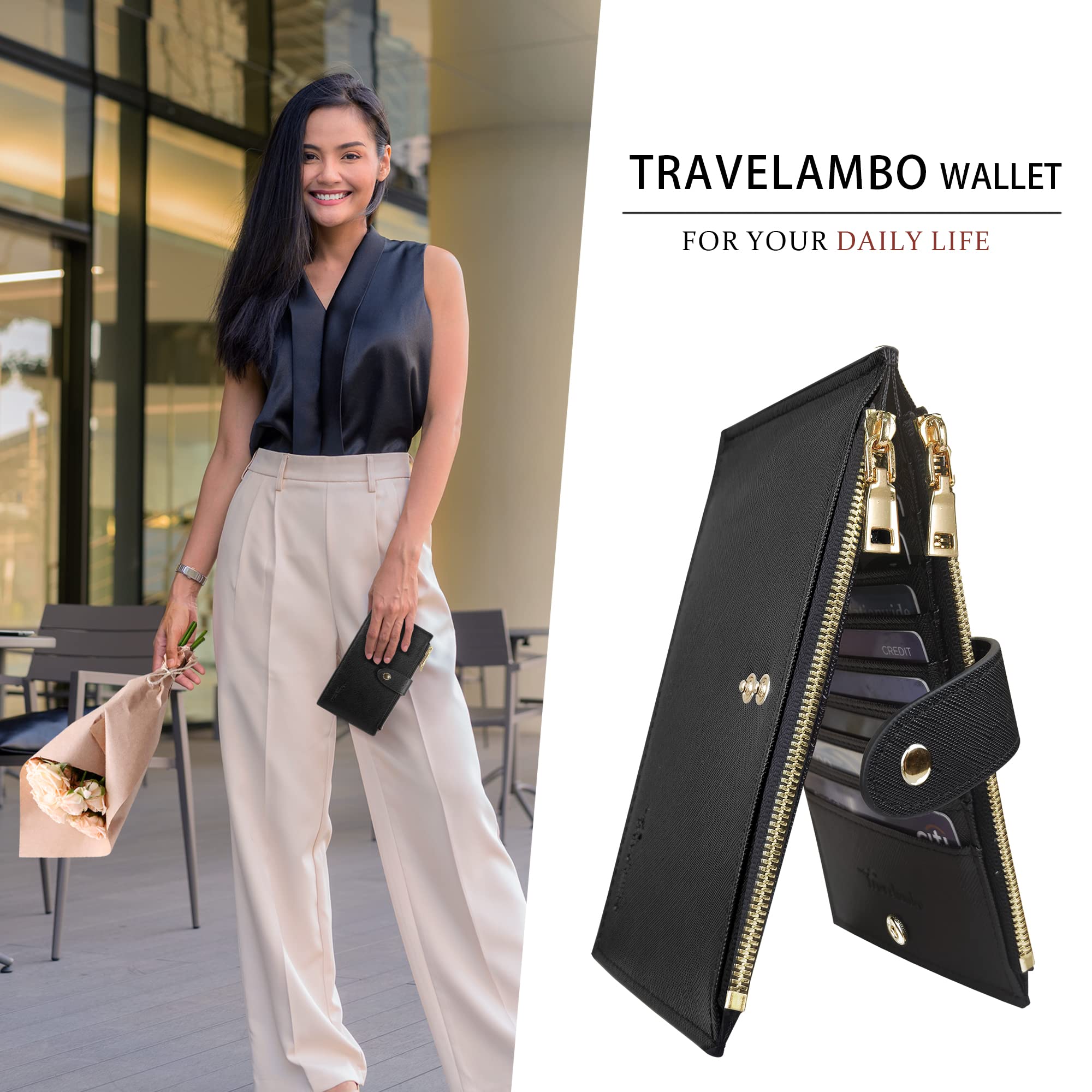 Travelambo Womens Wallet RFID Blocking Bifold Multi Card Case Wallet with Zipper Pocket