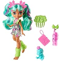 Mattel Cave Club Rockelle Doll (8-10-inch, Teal Hair) Poseable Prehistoric Fashion Doll with Dinosaur Pet and Accessories, Gift for 4 Year Olds and Up