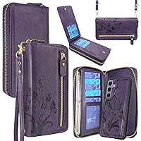 Lacass Wallet for Samsung Galaxy S24 6.2 inch 2024, Crossbody Dual Zipper Detachable Magnetic Leather Wallet Case Cover Wristlets Wrist Strap 13 Card Slots Money Pocket(Floral Dark Purple)
