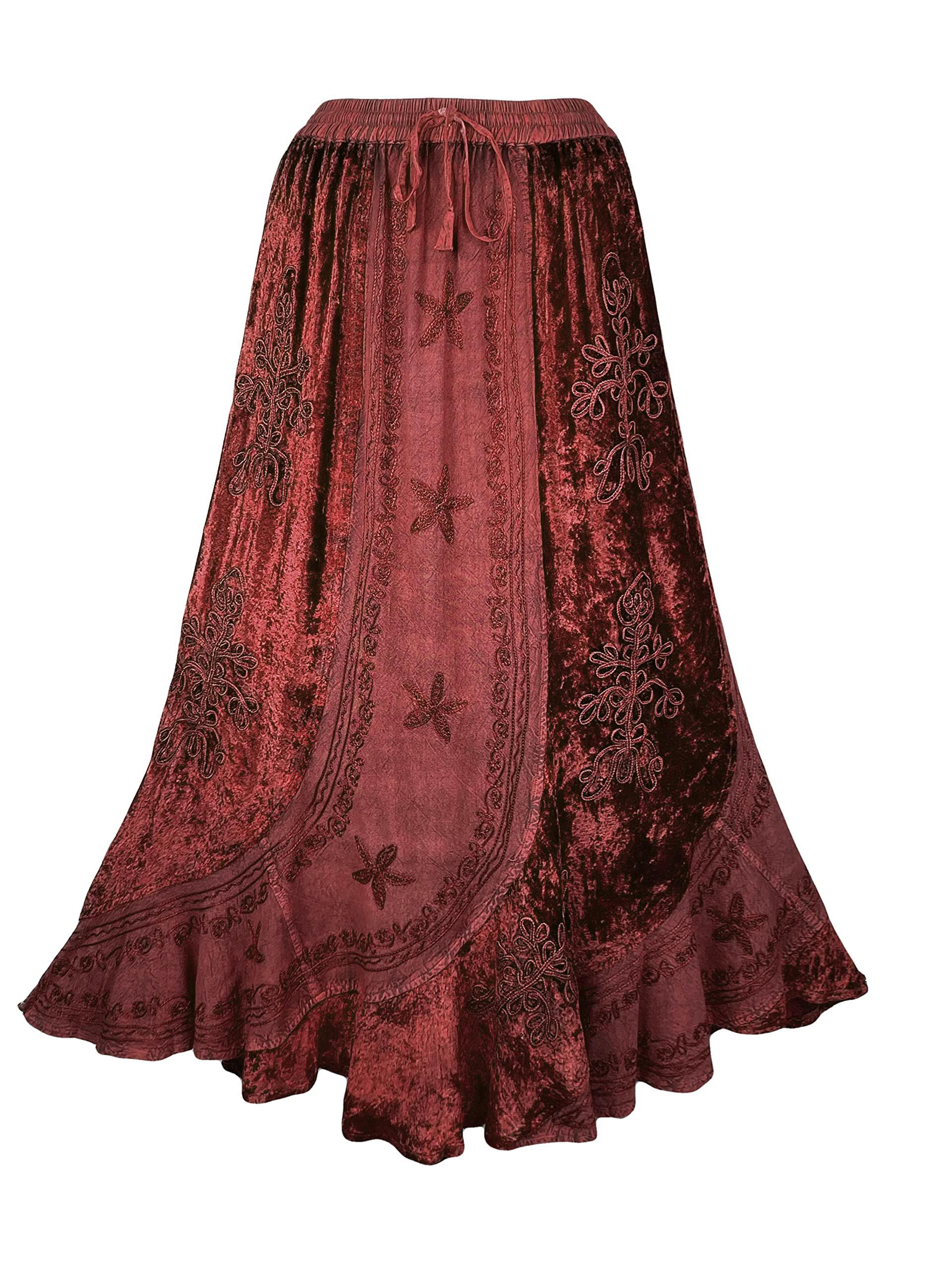 Agan Traders Women's Long Rayon Velvet High Waistband Boho Vintage Embroidered Maxi Skirt Regular Plus Size 2X 3X