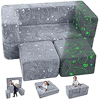 MeMoreCool Kids Sofa Couch, Glow in The Dark Baby Modular Dinosaur Couch, Convertible Toddler Fold Out Play Couch Furniture for Small Playroom, Grey