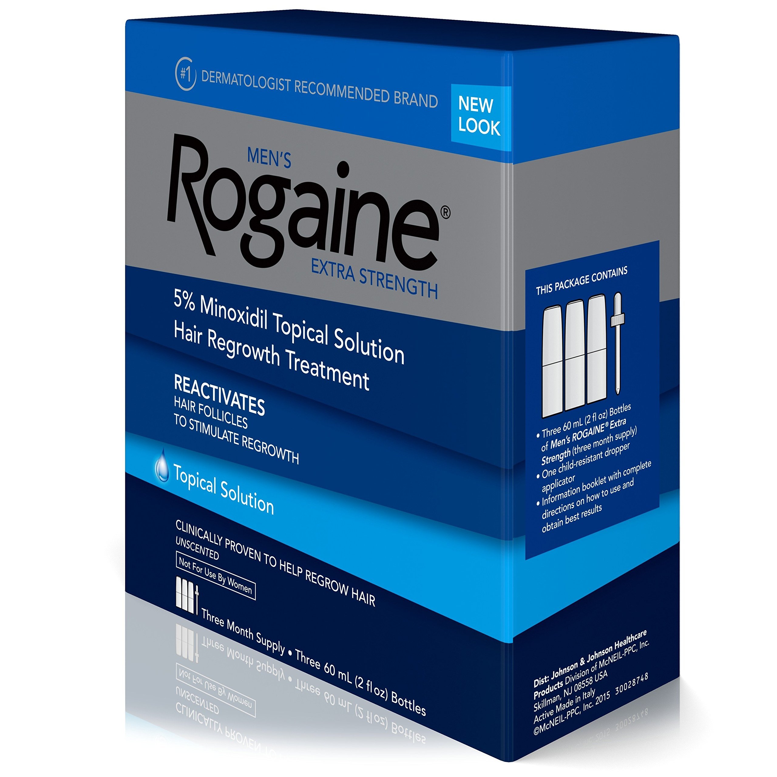 Men's Rogaine Extra Strength 5% Minoxidil Topical Solution for Hair Loss & Hair Regrowth, Topical Hair Regrowth Treatment for Men, Unscented Minoxidil Liquid, 3-Month Supply, 3 x 2 fl. oz