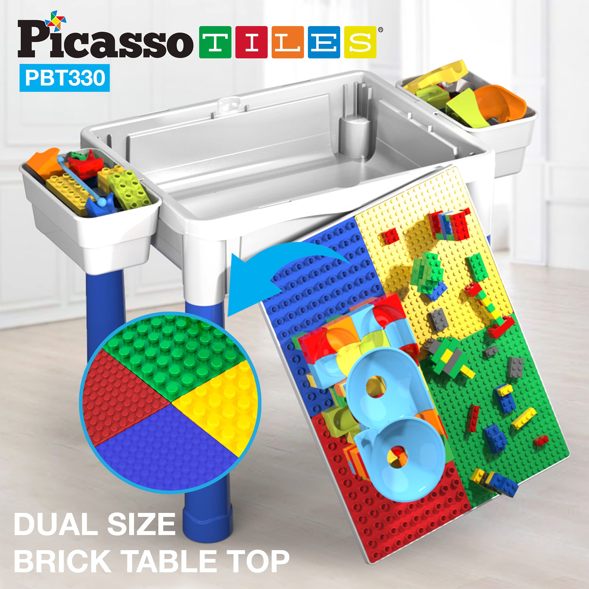 PicassoTiles Magnetic Action Figures + Activity Center Play, 4pc Character Pretend Playset, Study Desk Set Sandbox Water Tight Container Storage All-in-1 STEM Toy Kit 331pc Dual Size Blocks Marble Run