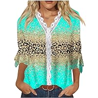 YZHM Womens Fashion Shirts 3/4 Sleeve Tops Marble Print Tshirts V Neck Lace Trim Tunic Tops Dressy Casual Blouses Trendy Tees, 3/14 Length Sleeve Tops for Women Summer