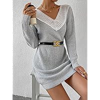 TLULY Sweater Dress for Women Guipure Lace Panel Drop Shoulder Sweater Dress Without Belt Sweater Dress for Women (Color : Gray, Size : Small)