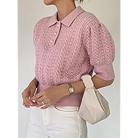 Women's Tops Sexy Tops for Women Women's Shirts Polo Neck Puff Sleeve Cable Knit Top (Color : Dusty Pink, Size : Medium)