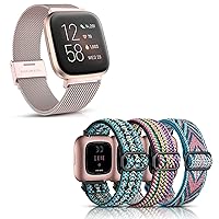 Maledan 3 Pack Boho Green/Green Arrow/Colorful Adjustable Nylon Elastic Bands Bundle with Rose Gold Adjustable Stainless Steel Metal Bands Compatible with Fitbit Versa 2/Versa/Versa Lite SE