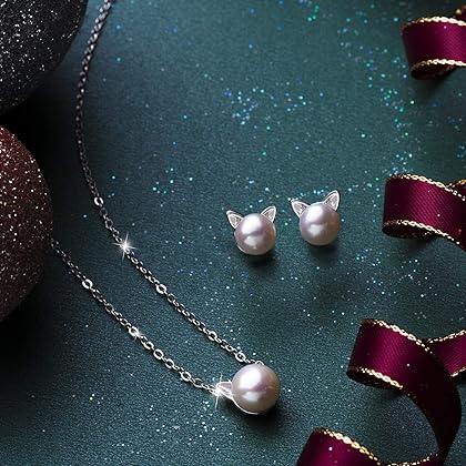 S.Leaf Cat Earrings Pearl Earrings Sterling Silver Studs Earrings for Women Cat Lover Gift for Cat Lovers