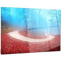 Curved Road in Autumn Forest Landscape Photo Metal Wall Art, 28x12, 12'' H x 28'' W x 1'' D 1P, Red