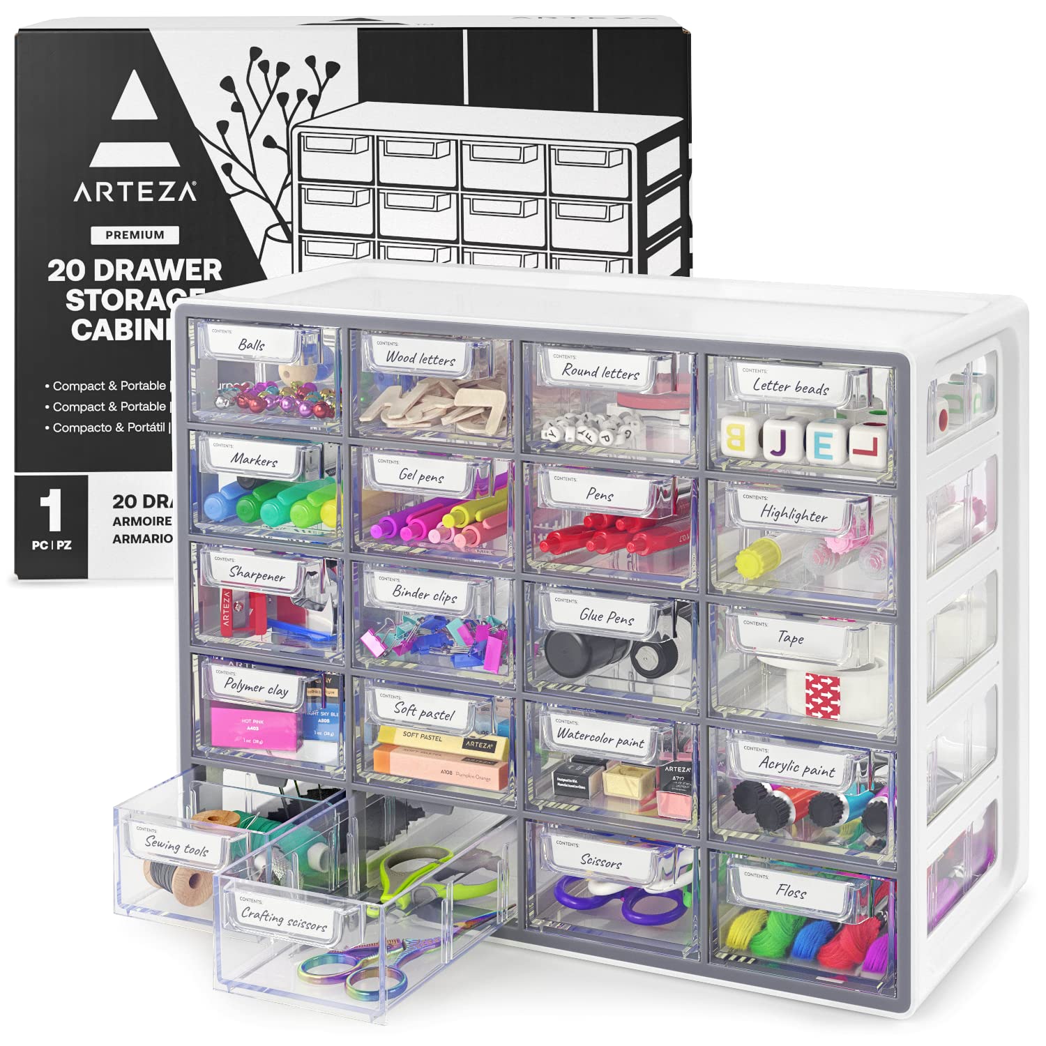 ARTEZA Organizer Box – Compact 20-Drawer Clear Storage Solution for Pens, Clips, Sewing & Craft Supplies – High-Impact Plastic, Home, Office & Classroom Organization – Gray