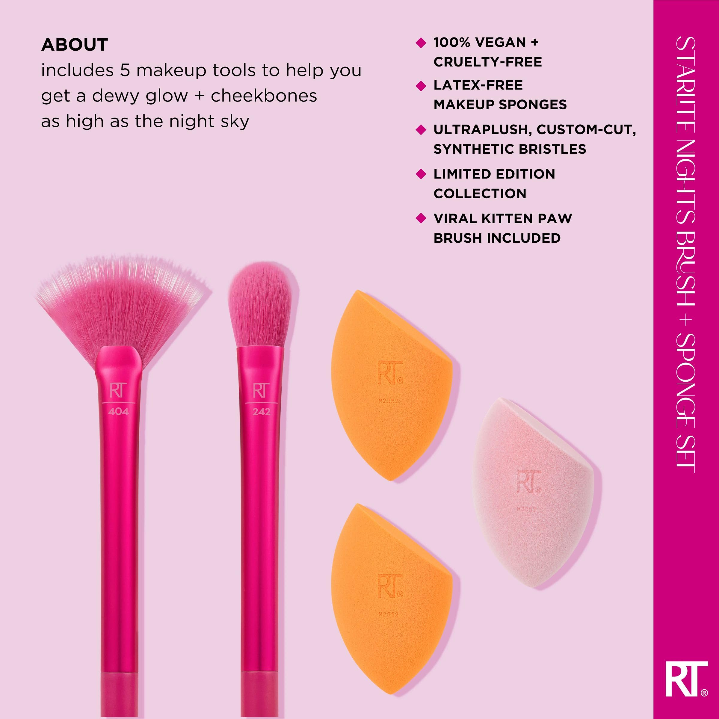Real Techniques Limited Edition Starlite Nights Brush + Sponge Kit, Makeup Brush & Makeup Blending Sponge Set, For Concealer, Foundation, & Powder, For Matte or Dewy Skin, 5 Piece Gift Set