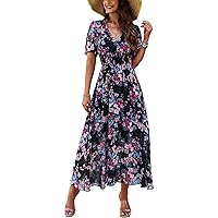 Women's Sweet Floral Ruffled V Neck Elastic Waist Swing Midi Dress for Wedding Party Guest