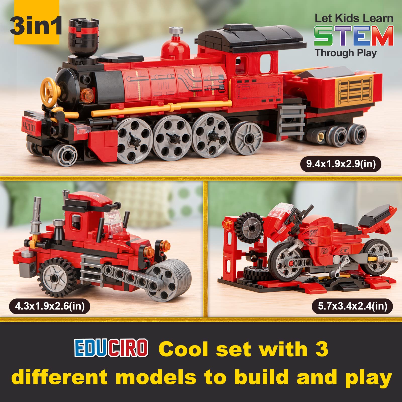 EDUCIRO Harry Train Toys 3in1 Building Kit (305 Pieces), Interactive Gifts Creator Sets Featuring Motorcycle and Steamroller for Boys, Girls, and Kids Ages 6+