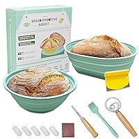 2 Pack Banneton Bread Proofing Basket, Silicone Sourdough Baking Basket, 9 Inch Round & 10 Inch Oval Collapsible Proofing Bowl Supplies Set Tool Sourdoughs Kit, Easy to Clean and Storage