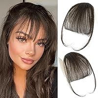 WECAN Clip in Bangs 100% Human Hair Extensions Bangs Hair Clip Dark Brown Fringe with Temples Wigs for Women Everyday Wear Curved Bangs (Wispy Bangs, Dark Brown)